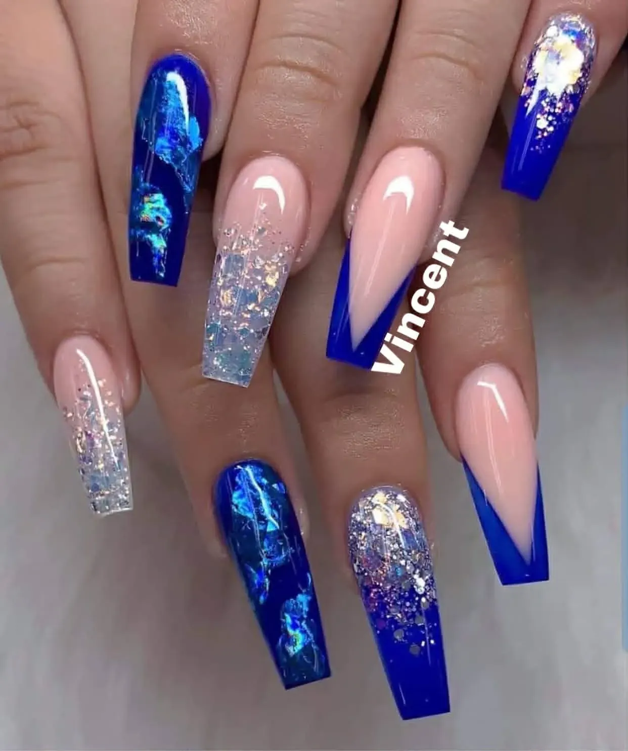 Royal blue glitter nail art