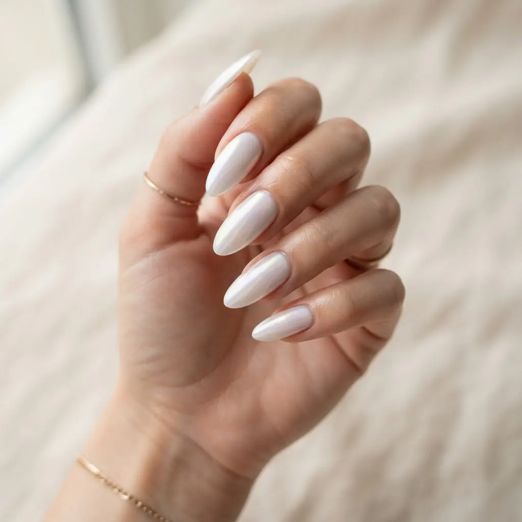 Milky white glazed chrome nails
